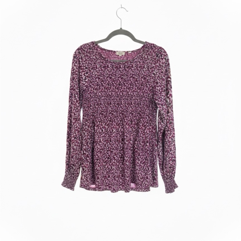 Fat Face Burgundy Smocked Waist Top | Long Sleeve, Size 6 | Boho